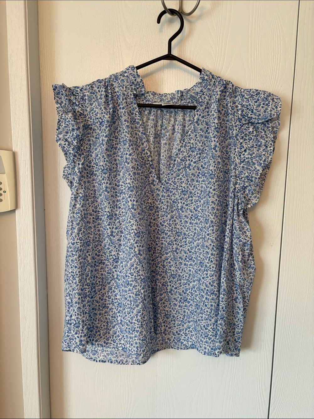 Light Blue Floral Ruffle Sleeve Blouse - Women's Top